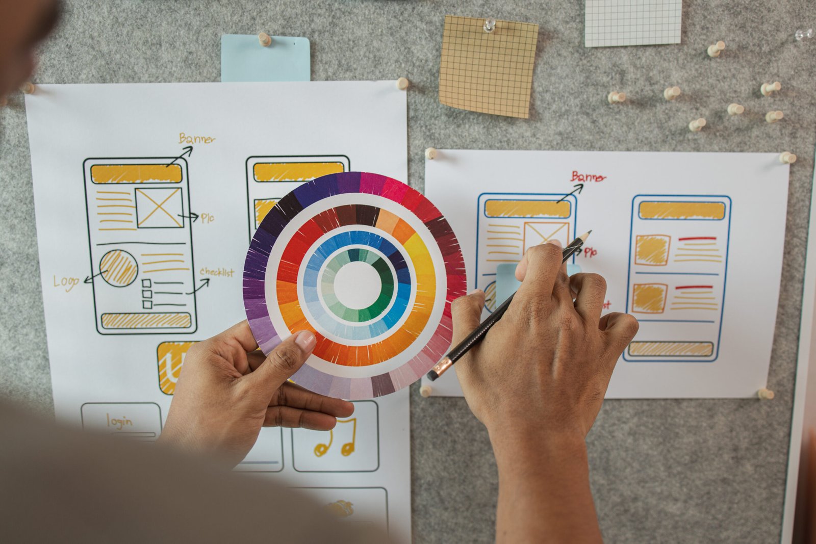 UI UX designers team working on new website wireframe in office, ux developer and ui designer use augmented reality brainstorming about mobile app interface wireframe design on desk at modern office